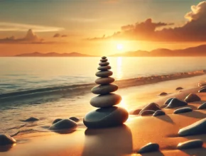 DALL·E 2025 02 09 11.01.21 A serene landscape featuring balancing stones carefully stacked on a beach at sunset symbolizing harmony and ethical balance. The stones are in varyi