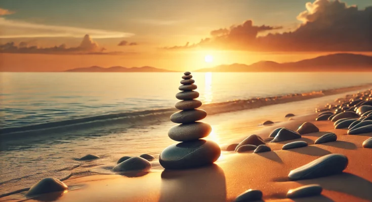 DALL·E 2025 02 09 11.01.21 A serene landscape featuring balancing stones carefully stacked on a beach at sunset symbolizing harmony and ethical balance. The stones are in varyi