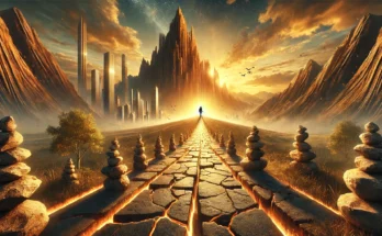 DALL·E 2025 02 09 11.20.07 A powerful and symbolic landscape portraying Why Pain is the Unseen Architecture of Success. In the foreground a rugged pathway filled with broken
