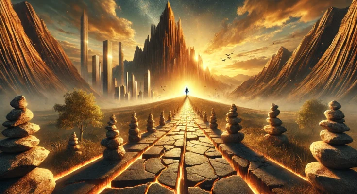 DALL·E 2025 02 09 11.20.07 A powerful and symbolic landscape portraying Why Pain is the Unseen Architecture of Success. In the foreground a rugged pathway filled with broken