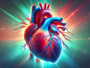 DALL·E 2025 02 10 15.48.32 A detailed and vibrant digital illustration of an anatomically accurate human heart. The heart glows with red and blue hues symbolizing vitality and