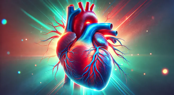 DALL·E 2025 02 10 15.48.32 A detailed and vibrant digital illustration of an anatomically accurate human heart. The heart glows with red and blue hues symbolizing vitality and