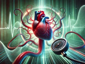 DALL·E 2025 02 10 16.17.05 A conceptual digital artwork representing Blood Pressure symbolized by a heart surrounded by stylized arteries and veins. The arteries pulse with v