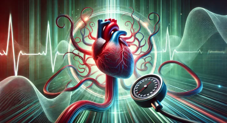 DALL·E 2025 02 10 16.17.05 A conceptual digital artwork representing Blood Pressure symbolized by a heart surrounded by stylized arteries and veins. The arteries pulse with v